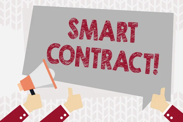 Text sign showing Smart Contract. Conceptual photo the computer protocol running on top of a block chain Hand Holding Megaphone and Other Two Gesturing Thumbs Up with Text Balloon.