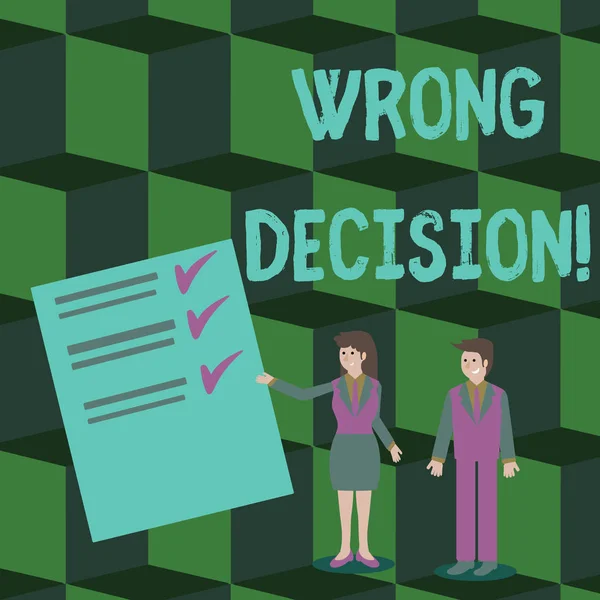 Word writing text Wrong Decision. Business concept for Action or conduct inflicting harm without due provocation Man and Woman in Business Suit Presenting Report of Check and Lines on Paper.