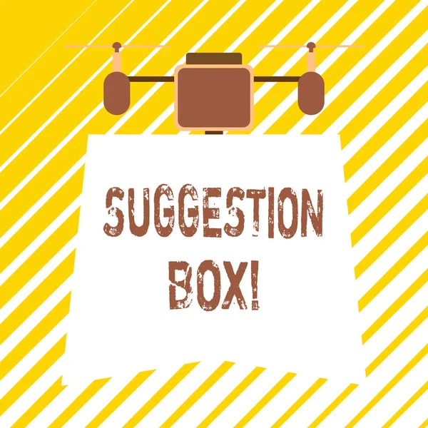 Handwriting text writing Suggestion Box. Concept meaning container which showing can leave comments about something.