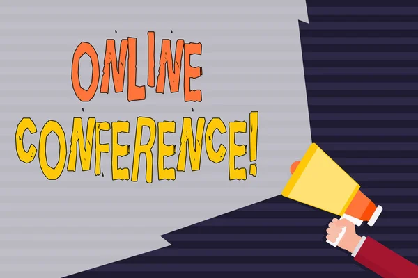 Handwriting text Online Conference. Concept meaning online service by which you can hold live meetings Hand Holding Megaphone with Blank Wide Beam for Extending the Volume Range.