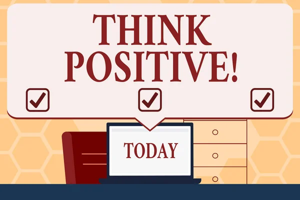 Text sign showing Think Positive. Conceptual photo to believe that you are going to be succeed in your goal Blank Huge Speech Bubble Pointing to White Laptop Screen in Workspace Idea. — Stock Photo, Image