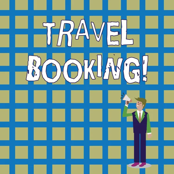 Word writing text Travel Booking. Business concept for arrangement that you make when you book something for travel Businessman Looking Up, Holding and Talking on Megaphone with Volume Icon. — Stock Photo, Image