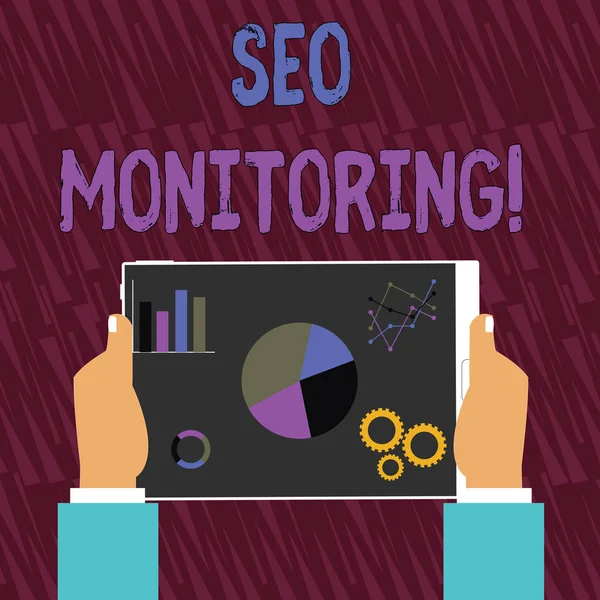 Text sign showing Seo Monitoring. Conceptual photo the process of optimizing the visibility of your website Hands Holding Tablet with Search Engine Optimization Driver Icons on Screen. — Stock Photo, Image