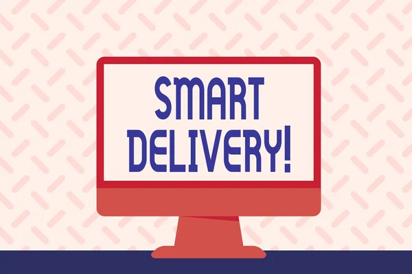 Text sign showing Smart Delivery. Conceptual photo Mobile solution for delivering and transporting goods faster Blank Space Desktop Computer Colorful Monitor Screen Freestanding on Table. — Stock Photo, Image