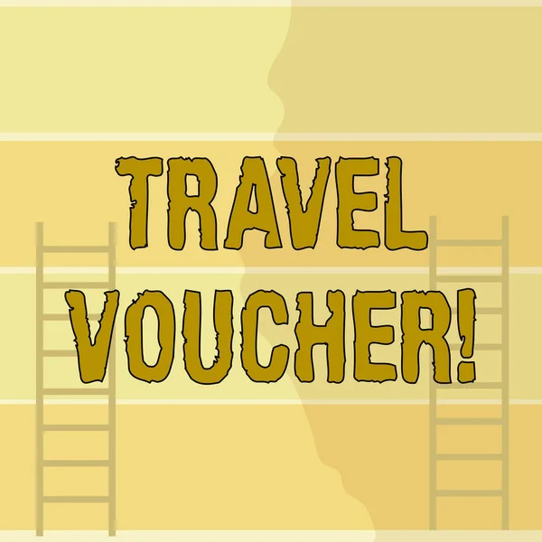 Writing note showing Travel Voucher. Business photo showcasing Tradable transaction type worth a certain monetary value Two Vertical Upright Attic Ladders Leaning Against Striped Color Wall. — Stock Photo, Image