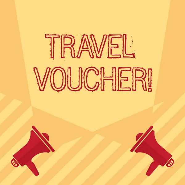 Escritura a mano escritura de texto Travel Voucher. Concepto que significa Tipo de transacción negociable que vale un cierto valor monetario Doble foco en blanco Crisscrossing hacia arriba de dos megáfonos en el piso . — Foto de Stock