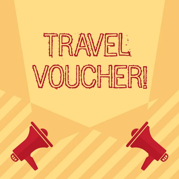 Handwriting text writing Travel Voucher. Concept meaning Tradable transaction type worth a certain monetary value Blank Double Spotlight Crisscrossing Upward from Two Megaphones on the Floor.