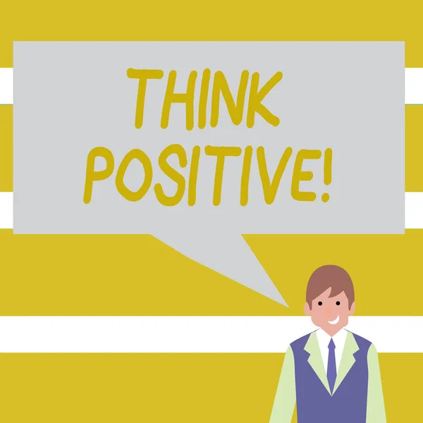 Conceptual hand writing showing Think Positive. Business photo showcasing to believe that you are going to be succeed in your goal Businessman Smiling and Talking Blank Color Speech Bubble.