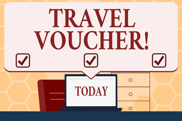 Text sign showing Travel Voucher. Conceptual photo Tradable transaction type worth a certain monetary value Blank Huge Speech Bubble Pointing to White Laptop Screen in Workspace Idea.