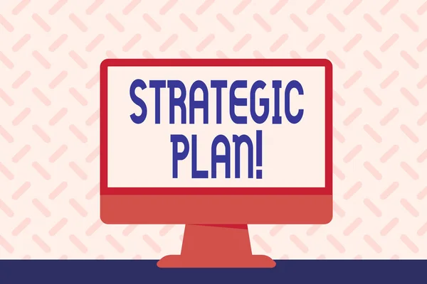 Text sign showing Strategic Plan. Conceptual photo analysisagement activity that is used to set and focus priorities Blank Space Desktop Computer Colorful Monitor Screen Freestanding on Table.