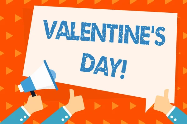 Parola che scrive testo San Valentino. Business concept per le festività roanalysistic celebrato ogni anno il 14 febbraio Hand Holding Megaphone e altri due pollici gestuali con palloncino di testo . — Foto Stock