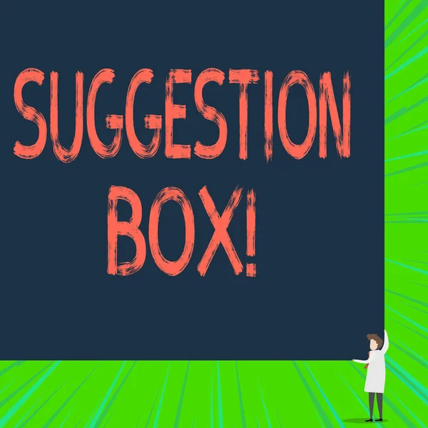 Writing note showing Suggestion Box. Business photo showcasing container which showing can leave comments about something.