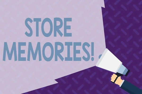 Text sign showing Store Memories. Conceptual photo the ability of the mind to store and recall past sensations Hand Holding Megaphone with Blank Wide Beam for Extending the Volume Range.