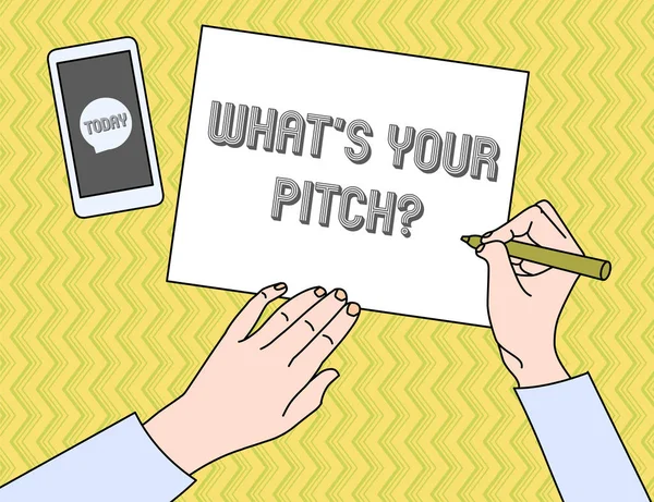 Scrivere nota che mostra che cosa S è la tua domanda Pitch. Business photo showcase chiedendo informazioni sulla proprietà del suono o del tono musicale . — Foto Stock