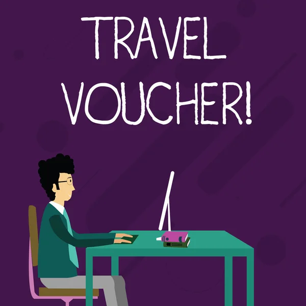 Conceptual hand writing showing Travel Voucher. Business photo showcasing Tradable transaction type worth a certain monetary value Businessman Sitting on Chair Working on Computer and Books. — Stock Photo, Image