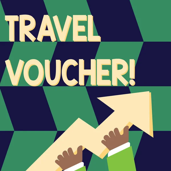 Writing note showing Travel Voucher. Business photo showcasing Tradable transaction type worth a certain monetary value photo of Hand Holding Colorful Huge 3D Arrow Pointing and Going Up. — Stock Photo, Image