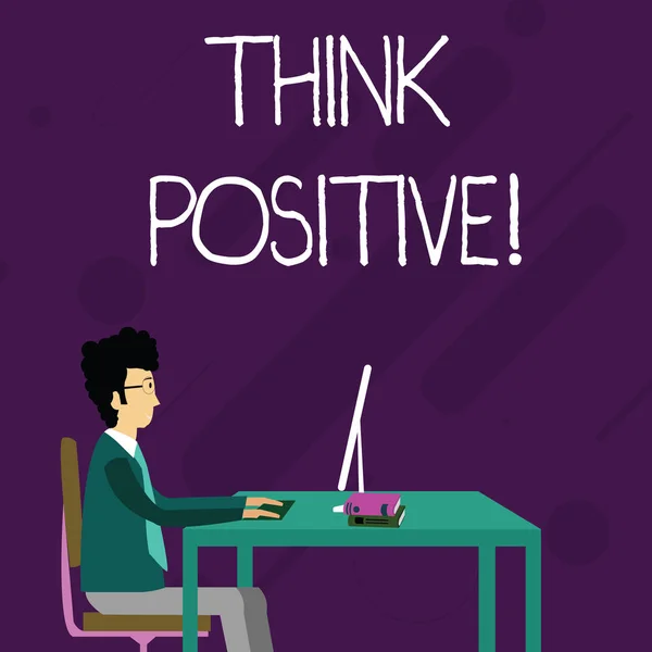 Escritura manual conceptual que muestra Think Positive. Muestra de fotos de negocios para creer que va a tener éxito en su objetivo Empresario Sentado en la silla Trabajando en Computadora y Libros . — Foto de Stock