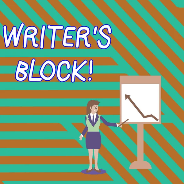 Word writing text Writer S Is Block. Business concept for condition of being unable to make a piece of written work Businesswoman Holding Stick Pointing to Chart of Arrow Upward on Whiteboard. — 스톡 사진
