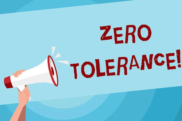 Text sign showing Zero Tolerance. Conceptual photo refusal to accept antisocial behaviour or improper behaviour Human Hand Holding Tightly a Megaphone with Sound Icon and Blank Text Space.