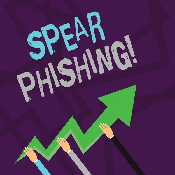 Spear Phishing'i gösteren metin işareti. Kavramsal fotoğraf Renkli Zigzag Lightning Arrow Pointing and Going Up tutan kullanıcı Üç El finansal veri ayıklamak için sahte e-postalar gönderme. — Stok fotoğraf