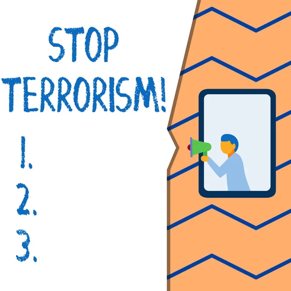 Conceptuele hand schrijven toont stop terrorisme. Zakelijke foto tekst het oplossen van de openstaande problemen met betrekking tot geweld. — Stockfoto