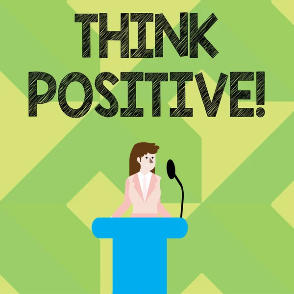Escrever uma nota mostrando Think Positive. Foto de negócios mostrando para acreditar que você vai ser bem sucedido em seu objetivo Empresária por trás do pódio Rostrum falando no microfone . — Fotografia de Stock