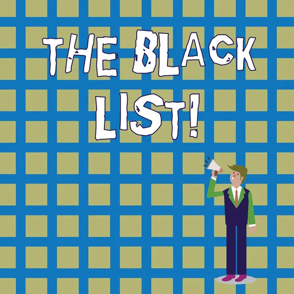 Texto de escritura de palabras TheBlack List. Concepto de negocio para la lista de demostraciones que están desaprobadas o van a ser castigadas Businessman Looking Up, Holding and Talking on Megaphone with Volume Icon . — Foto de Stock