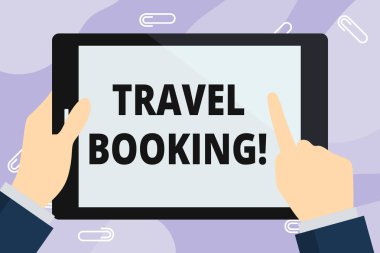 El yazısı metin yazma Seyahat Rezervasyon. Seyahat için rezervasyon yaptığınızda yaptığınız kavram anlamı düzenlemesi El Tutma Dokunmadan Dokunmadan Boş Dikdörtgen Renkli Tablet Beyaz Ekran.