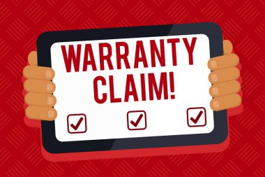 Garanti Talebini gösteren kavramsal el yazısı. İş fotoğrafı metin Değiştirme veya onarım veya tazminat Için bir müşterinin Hakkı Gadget Ekran El Geri Renkli Tablet Smartphone.