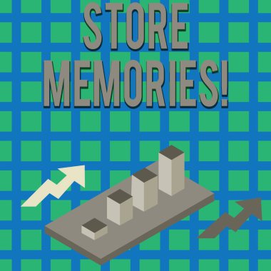 Mağaza Anılarını gösteren metin işareti. Kavramsal fotoğraf Zihnin geçmiş duyumları depolama ve hatırlama yeteneği Renkli Kümelenmiş 3d Çubuk Grafik Diyagramı Perspektifte İki Okla.