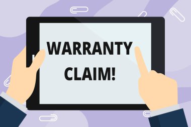 El yazısı metin yazma Garanti Talebi. Kavram anlamı değiştirme veya onarım veya tazminat için bir müşterinin Hakkı El Tutma Dokunmadan Boş Dikdörtgen Renkli Tablet Beyaz Ekran.