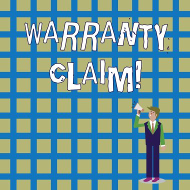 Kelime yazma garantisi talebi. Yer değiştirme veya onarım veya tazminat için müşteri Hakları konsepti. İş adamı Görünüyor, Bekliyor ve Ses Simgesi Simgesi ile Megafonda Konuşuyor.