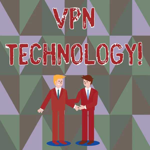 写便条显示Vpn Technology 。 商业照片展示了通过握手创建一个安全加密的连接的程序- -商人们互相微笑问候. — 图库照片