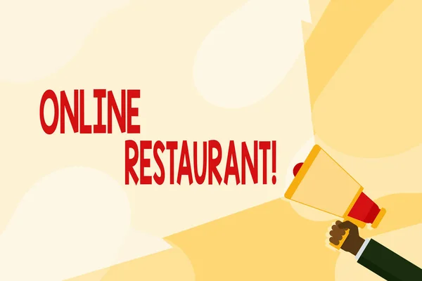 Znak tekstowy pokazujący Online Restauracja. Koncepcyjne zdjęcie Internet, który łączy restaurację lub firmę spożywczą Hand Holding Megaphone z Blank Wide Beam do rozszerzenia zakresu głośności. — Zdjęcie stockowe