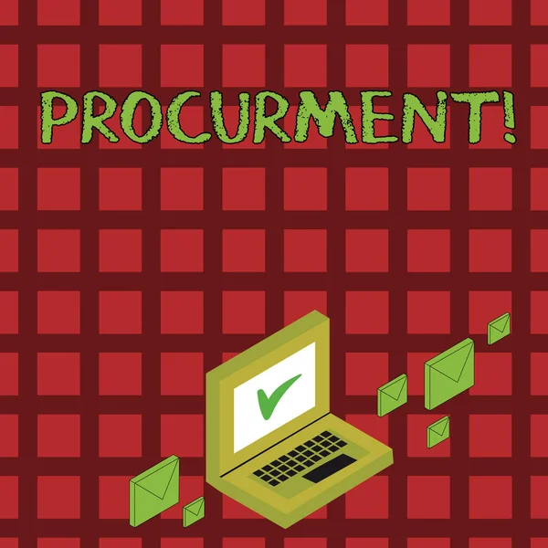 Handwriting text Procurment. Concept meaning action of acquiring military equipment and supplies Color Mail Envelopes around Laptop with Check Mark icon on Monitor Screen.