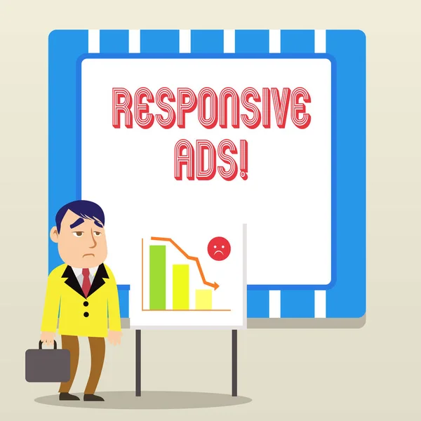 Pisanie tekstu Responsive Ads. Koncepcja biznesowa automatycznego dopasowywania formy i formatu do istniejącej przestrzeni reklamowej. — Zdjęcie stockowe