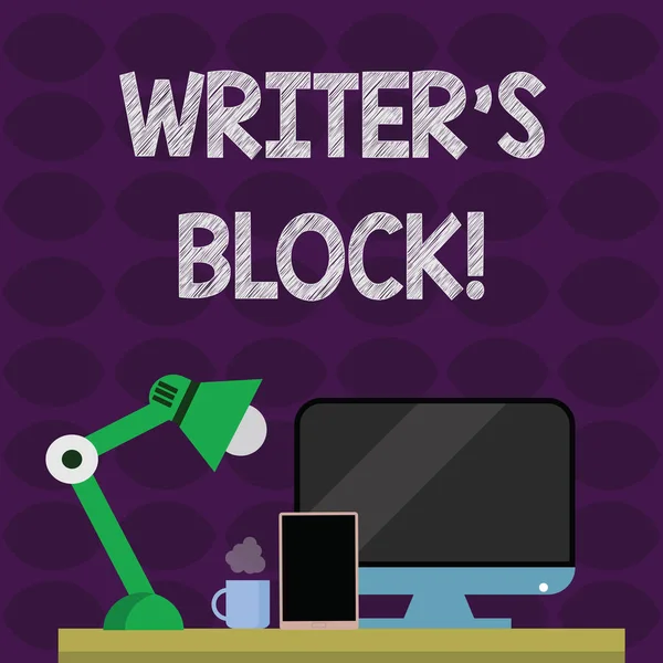 Text sign showing Writer S Is Block. Conceptual photo condition of being unable to make a piece of written work Arrangement of Workspace for Nightshift Worker with Computer,Tablet and Lamp.