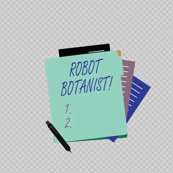Scrittura concettuale a mano che mostra Robot Botanist. Business photo showcase Metodi per l'identificazione automatica delle specie botaniche Lined Paper Stationery parzialmente in vista dalla cartella Pastel . — Foto Stock