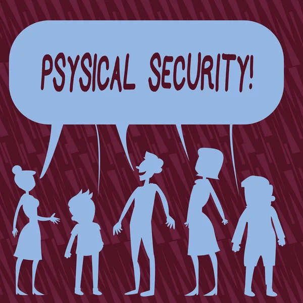 Text sign showing Physical Security. Conceptual photo designed to deny unauthorized access to facilities Silhouette Figure of People Talking and Sharing One Colorful Speech Bubble. — Stock Photo, Image