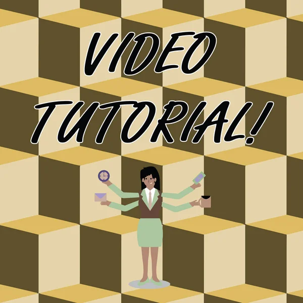 Conceptuele hand schrijven toont video tutorial. Zakelijke foto tekst methode van overdracht van kennis door middel van audiovisuele clips vrouw met vier armen uitbreiden zijwaarts werknemers nodig item. — Stockfoto