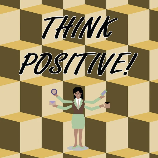 Conceptual hand writing showing Think Positive. Business photo text to believe that you are going to be succeed in your goal Woman with Four Arms Extending Sideways Workers Needed Item. — Stock Photo, Image