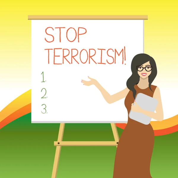 Writing note showing Stop Terrorism. Business photo showcasing Resolving the outstanding issues related to violence. — Stock Photo, Image