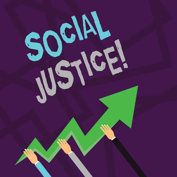 Text sign showing Social Justice. Conceptual photo Equal access to wealth and privileges within a society Three Hands Holding Colorful Zigzag Lightning Arrow Pointing and Going Up.