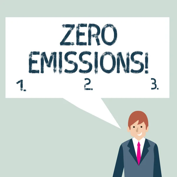 Schrijfbriefje met Zero Emissions. Zakelijke foto showcasing stoot geen afval producten die het milieu vervuilen Zakenman glimlachen en praten Blanco kleur Speech Bubble. — Stockfoto