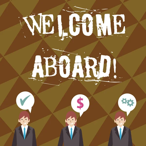 Writing note showing Welcome Aboard. Business photo showcasing something that you say when someone is gets on a ship Businessmen has Speech Bubble with Optimization Cost Icons.