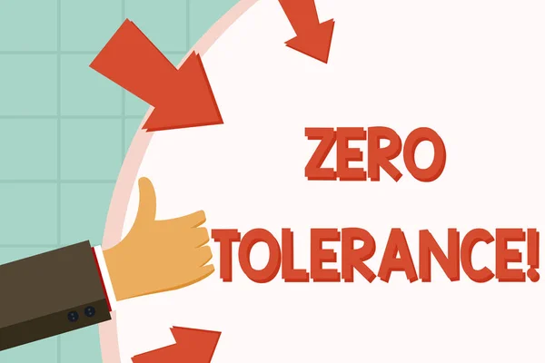 Text sign showing Zero Tolerance. Conceptual photo refusal to accept antisocial behaviour or improper behaviour Hand Gesturing Thumbs Up and Holding on Blank Space Round Shape with Arrows.