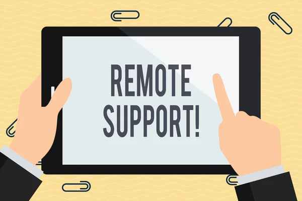 Conceptual hand writing showing Remote Support. Business photo text help endusers to solve computer problems and issues remotely Businessman Hand Holding and Pointing Colorful Tablet Screen. — Stock Photo, Image