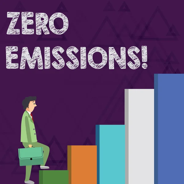 Tekst schrijven Zero Emissions. Business concept voor uitstoot geen afvalstoffen die het milieu vervuilen Zakenman Het dragen van een koffer is in Pensive Expression while Climbing Up. — Stockfoto