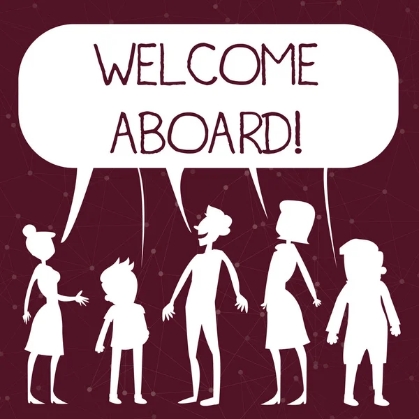 Handwriting text writing Welcome Aboard. Concept meaning something that you say when someone is gets on a ship Silhouette Figure of People Talking and Sharing One Colorful Speech Bubble.