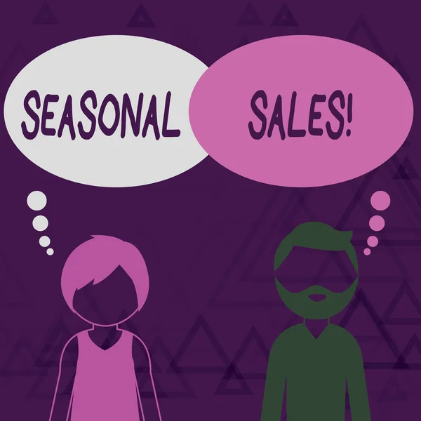 Writing note showing Seasonal Sales. Business photo showcasing Discount which is offered on goods at particular seasons Bearded Man and Woman with the Blank Colorful Thought Bubble. — 스톡 사진